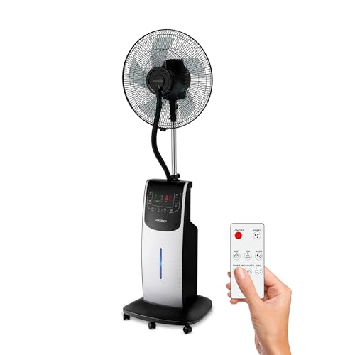 DARDARUGA Digital Stand-Ventilator mit Sprühnebel Wasserkühlung Frosty WFD (Tank XXL 3,10 Liter) IONISATOR, Insektenschutzmittel, Aroma Diffuser, Timer, Fernbedienung, Oszillierend, Leise (SILBER)