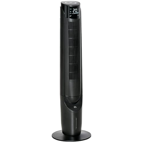 HOMCOM Luftkühler Turmventilator mit Wasserkühlung Luftbefeuchtung 60W leise Standventilator mit 12h Timer, 4 Modi, Fernbedienung, LED-Anzeige für Wohnzimmer Schwarz Ø31,5 x 107 cm