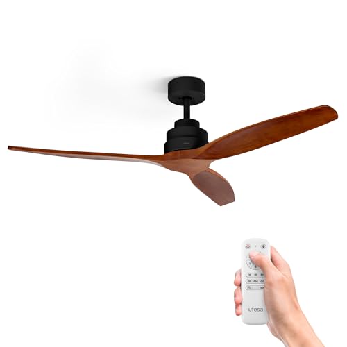 Ufesa Deckenventilator, 40W, 6 Geschwindigkeiten, Ultra Silent, 3 Naturholzflügel 132cm, Sommer - Winter Funktion, 8h Timer, Fernbedienung, Schwarz - Dunkles Holz