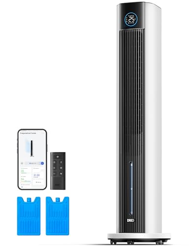 Dreo Wasserkühlung, 43” Luftkühler Wasserkühlung, 4 Geschwindigkeiten 4 Modi Verdunstungskühler, APP Steuerung, Eisbeutel, 85° Oszillation, 12 Std. Timer, weiß