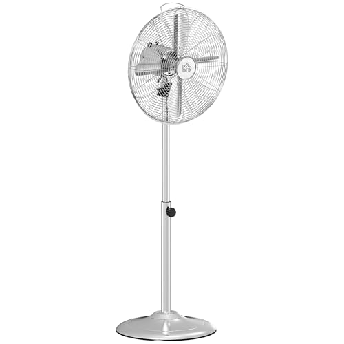HOMCOM 120 cm Standventilator, Ventilator, Höhenverstellbarer Lüfter, 3 Geschwindigkeitsstufen, Verstellbarer Neigungswinkel, Stahl, Silber