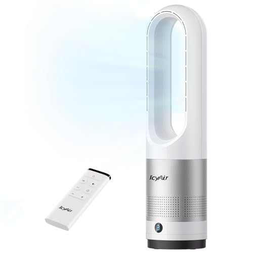 IcyAir Turmventilator mit Fernbedienung, Ventilator Rotorlos 35 dB, 90° Oszillation, 8 Geschwindigkeiten, 9H Zeitschaltuhr, Kindersicher, LED-Anzeige, Ventilator Schlafzimmer Leise, Leicht zu reinigen