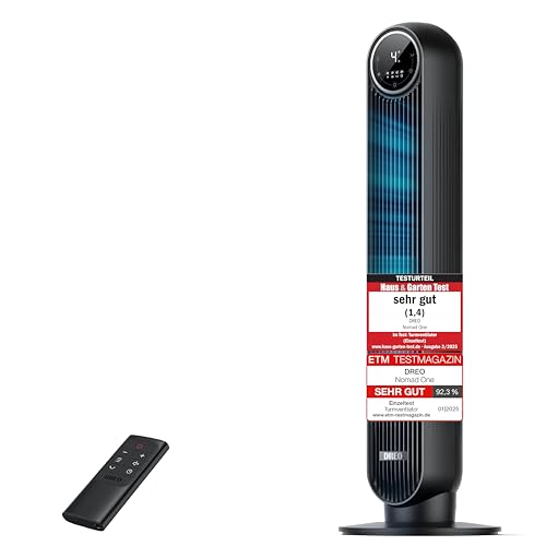 Dreo 20dB Leiser Turmventilator, 10?m Wurfweite 4 Geschwindigstufen 4 Modi 8 Std. Timer 90° oszillierende Ventilator mit Kühlung Fernbedienung für Schlafzimmer, Nomad One, Schwarz