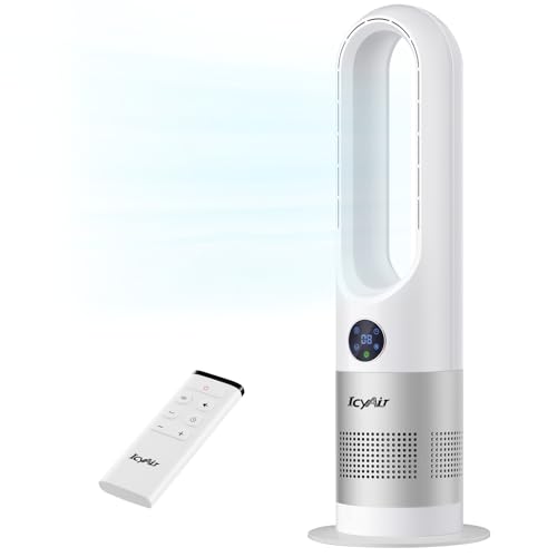 IcyAir Rotorloser Ventilator, Turmventilator sehr Leise, 35 dB, 90° Oszillation, 8 Geschwindigkeiten, 9H Zeitschaltuhr, Kindersicher, LED-Anzeige, Ventilator Schlafzimmer Leise mit Fernbedienung