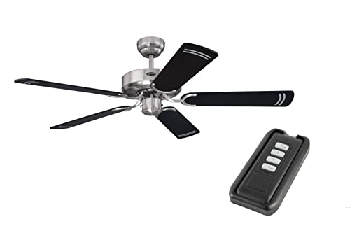  Lighting Cyclone 132cm Deckenventilator ohne Licht Funk Fernbedienung   Gebürsteter Stahl, Wendeflügel Schwarz/Silber, Leise & Effizient, für Räume bis 25m², Sommer  & Winterbetrieb