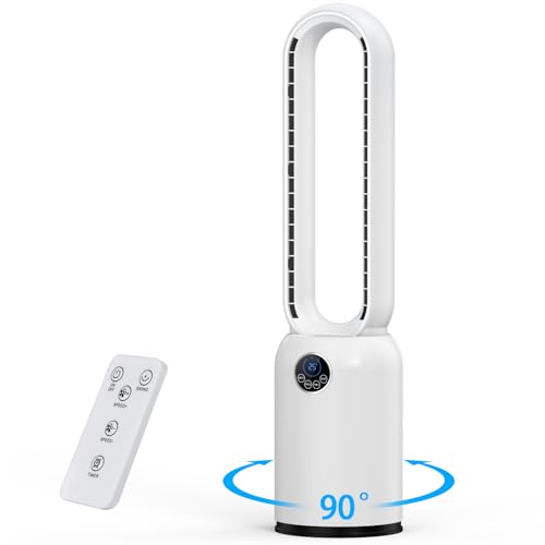 YAZEKY Turmventilator Rotorlos, Kühlventilator mit Fernbedienung sehr Leise, Ventilator mit LED Display 90° Oszillation, 24 Stufen 12H Timer, Säulenventilator für Zuhause (Weiß)