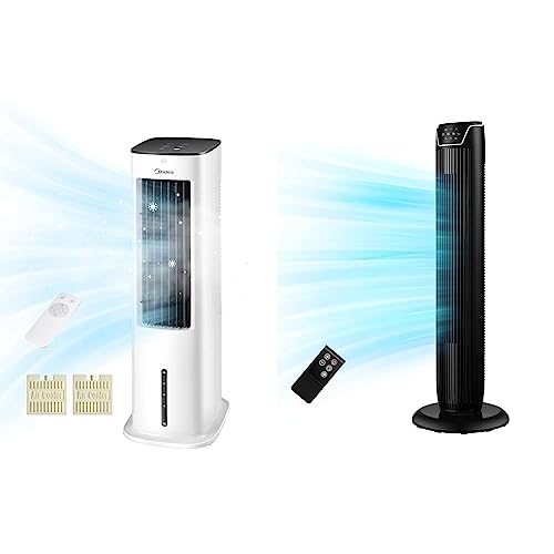 Midea Luftkühler Wasserkühlung & FZ10 17JR Turmventilator Leise Fernbedienung 92CM, mobiler Lüfter,Ventilator Säulenventilator,7 Stunden Timer,3 Modi,3 Geschwindigkeiten,45W,Schwarz
