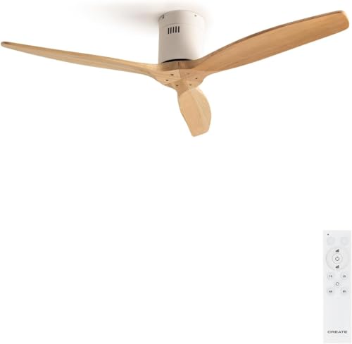 CREATE / WINDCALM/Deckenventilator Weiß Hellesholzflügel mit Fernbedienung / 40W, Leise, Ø132 cm, 6 Geschwindigkeiten, Timer, DC Motor, Sommer Winterbetrieb