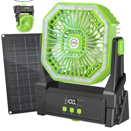 Solar Camping Ventilator mit 10W Solarpanel & Licht, Ventilator Akku 10000mAh,4-Gang USB Tischventilator mit LED-Anzeige,4 Timer, Aufhängehaken, 180° Verstellbar, Tragbar Lüfter für Freien (Grün)