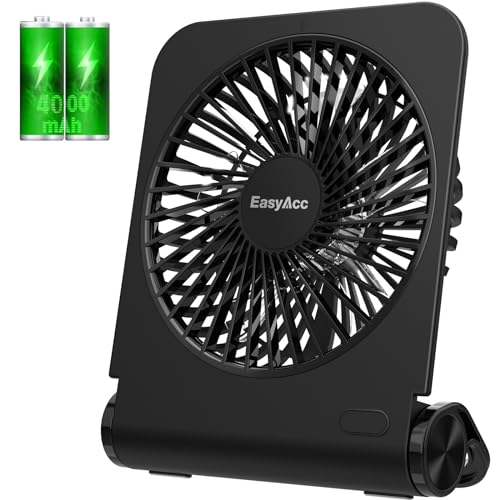 EasyAcc Tischventilator Sehr Leise, Tischventilator Batterie Tragbarer USB Ventilator 4000 Akku 4 Geschwindigkeit Mini Aufladbarem Tragbarer Desk Fan Lüfter für Zuhause Büro Bibliothek Campen