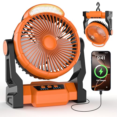 Diealles Shine Camping Ventilator mit Akku 15000mAh, 3 in 1 USB Ventilator, Camping Lüfter Sehr Leise, Zeltventilator mit LED Licht, Tischventilator für Freien Hause Büro