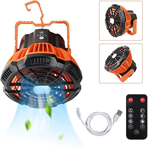 USB Camping Ventilator Licht, Solar Deckenventilator Wiederaufladbar mit 3 Geschwindigkeitsstufen Verstellbaren Tischventilator mit LED Licht Fernbedienung 3 Beleuchtungshelligkeiten Haken Faltbares