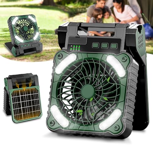 AKOFIC Camping Ventilator mit Akku 10400mAh, Solar Ventilator Outdoor mit LED-Licht, 4 Geschwindigkeiten Tragbarer Tischventilator Leise, Wiederaufladbarer Zelt Ventilator für Camping Reisen Angeln