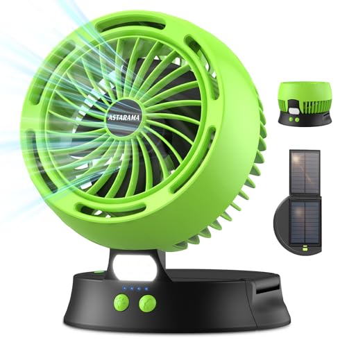 Solar Ventilator, Camping Ventilator mit LED Licht, Solarpanel, Ventilator Akku 7800mAh, 4-Gang Tischventilator USB Ventilator Leise, Solar Faltbar Tragbar Lüfter für Outdoor/Kinderwagen (Grün)