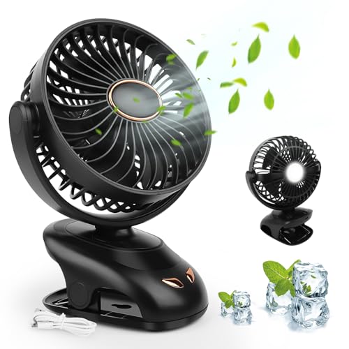 Mini Ventilator, 3 in 1 USB Ventilator mit Clip, Ventilator Klein mit Licht, LED-Display, 5 Geschwindigkeiten, 90° Drehbar, Wiederaufladbar, Leiser Tischventilator, für Zuhause Büro Outdoor (Schwarz)