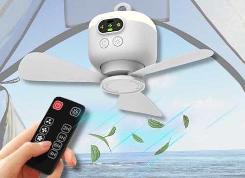 Dpofirs Campingventilator, Tragbarer Zeltventilator, 8000 MAh Batteriebetrieben, Wiederaufladbarer Ventilator mit Fernbedienung, Abnehmbare Ventilatorflügel, Aufhängehaken, Timer,