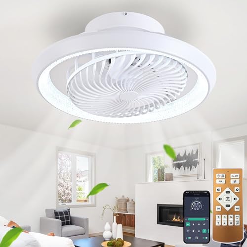 TJSC Beleuchtung LED Licht, Dimmbar Invisible Fan Ventilatorlicht, 360° Drehbar, Timer Leise lampe, 72W Fernbedienung APP, für Wohnzimmer Schlafzimmer,Weiß, 49cm