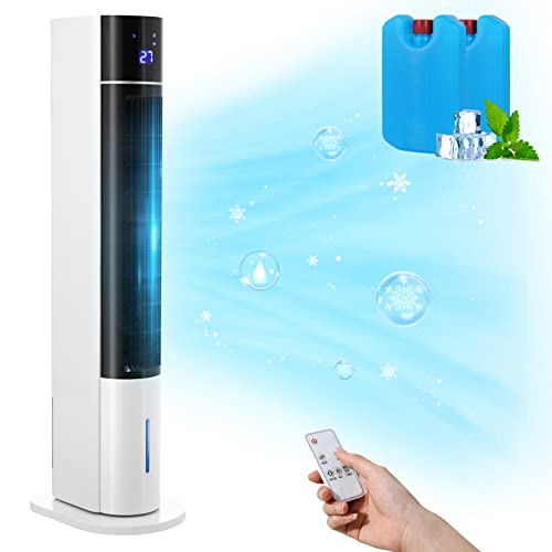 104CM Turmventilator mit Fernbedienung und Wasserkühlung, 4 in 1 mit Kühlung Befeuchtung Reinigung, 50° Oszillation, 12 Stunden Timer, Leiser für Schlafzimmer, Wohnzimmer, Weiß