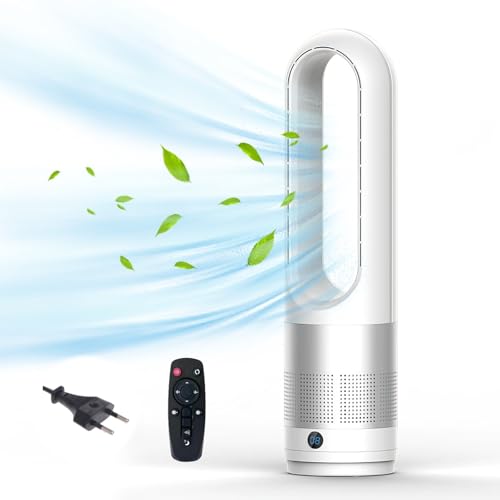 Rotorloser Ventilator,2in1 Turmventilator sehr Leise & Luftreiniger mit HEPA, 8 Geschwindigkeiten,80° Oszillation,Timer, Großes LED-Anzeige,Ventilator mit Fernbedienung für Schlafzimmer Büro (Silber)