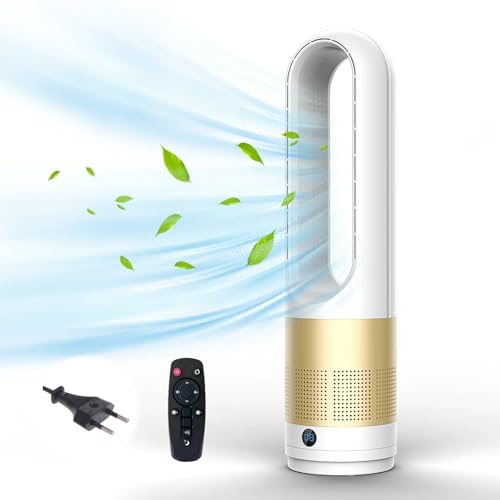 Rotorloser Ventilator mit Luftreiniger, 18-Zoll Turmventilator Leise mit Fernbedienung, 8 Geschwindigkeiten, 80° Oszillation, 8H Timer, LED-Anzeige, Bladeless Fan für Schlafzimmer, Büro (Gold)