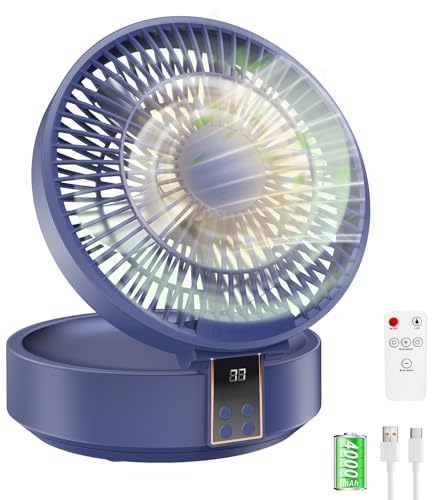 Leise USB Klein Ventilator, Tischventilator Sehr Leise und Starkem Luftstrom, Tragbarer Akku Batterie Ventilator mit LED Licht, Fernbedienung, Timer, Drehbarer, 3 Geschwindigkeiten für Büro, Camping