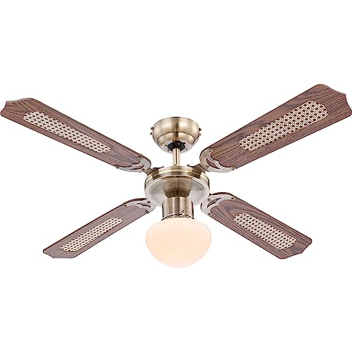 GLOBO Zugschalter Ventilatorlampe 3 Stufen Deckenleuchte, Vor Rücklauf, Eiche Geflecht Glas, 1x E27, D 106,6 0309/034009