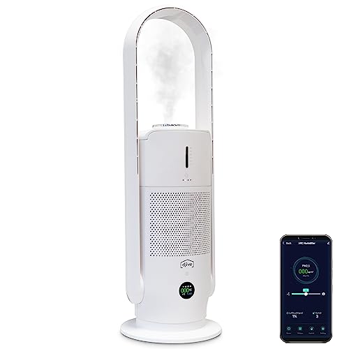 djive ARC Humidifier 29dB leiser Turmventilator Luftbefeuchter & Luftreiniger HEPA 14, Standventilator Fernbedienung, oszillierender Alexa kompatibel, App, Schlafmodus, weiß