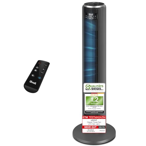 Levoit 23dB Leiser, Kühlung, Fan 5 Geschwindigkeiten 4 Modi 12Std Timer, Oszillierender Säulenventilator Sensor und Fernbedienung für Schlafzimmer Grau 92CM