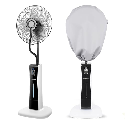 VASNER Cooly weiß AirCape Schutzhülle grau – Standventilator Wasser Sprühnebel, 3 Blatt Rotor, Standlüfter leise, Wassernebel, Oszillation, Timer, Fernbedienung & Abdeckung