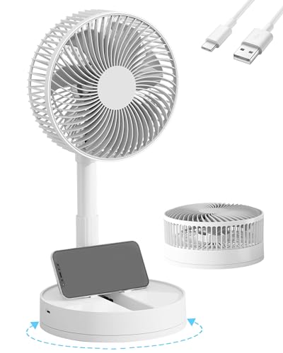 KASYDoFF USB Ventilator Leise, 5400mAh-24H Akkulaufzeit Oszillierend Tischventilator, 200mm Faltbarer Ventilator Klein, 4-Stufen ? Timer Mini Tischventilator for Apartment, Weiß