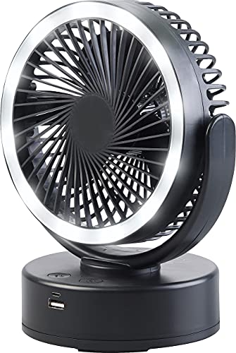Sichler Haushaltsgeräte Hängeventilator: 3in1-Akku-Camping-Ventilator; LED-Licht; USB-Powerbank; Ø 16cm; 130 lm (Zelt Ventilator, Solar Ventilator mit Akku, Tischleuchte Batterie)