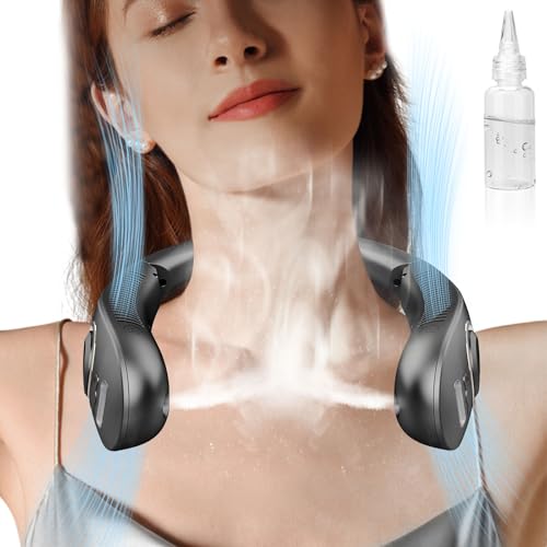 Nackenventilator mit Wasserkühlung, Faltbarer Halsventilatoren mit Sprühnebel, 4000mAh Hals Ventilator Sprühnebel, Tragbarer Ventilator zum Umhängen, Rotorloser Neck Cooler Rechargeable Schwarz