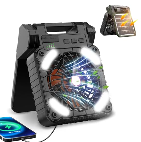 Solar Camping Ventilator mit LED Lampe, Tragbarer USB Tischventilator 8000mAh Akku Wiederaufladbar, Faltbarer Solar Lüfter mit 4 Geschwindigkeiten und 3 Timer für Stromausfall Reisen Angeln Büro