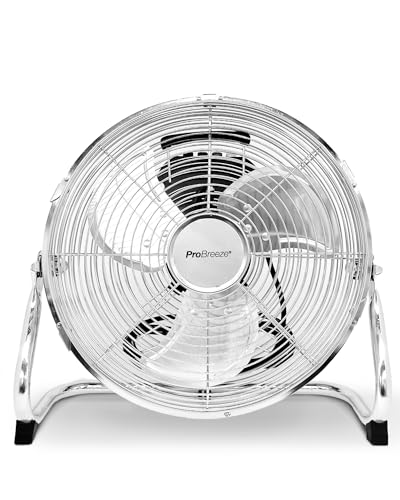 Pro Breeze 30,5 cm Bodenventilator aus Chrom   50W klein mit 3 Geschwindigkeitsstufen, 110° vertikal neigbar   Leistungsstarke Windmaschine für Zuhause, Büro und Fitnessstudio