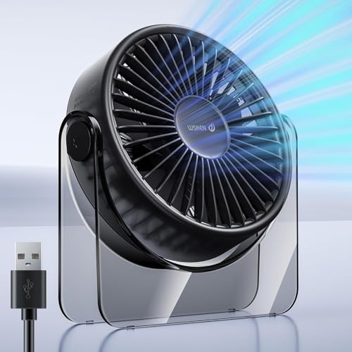 WSKEN USB Ventilator Klein Leise- Transparente Acrylbasis Tragbarer Tischventilator Mini Fan mit 3 Geschwindigkeiten und 60°Rotation Starkem Wind,Geräuscharme Kühlung Lüfter für Büro,Zuhause, Draußen