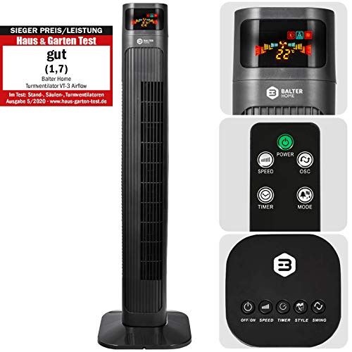 Balter Turmventilator mit Fernbedienung, leise, Standventilator 98cm hoch, Ventilator mit 3 Geschwindigkeitsstufen, Schlafmodi, Timer, 80° oszillierend, Testsieger 2020 Haus&Garten