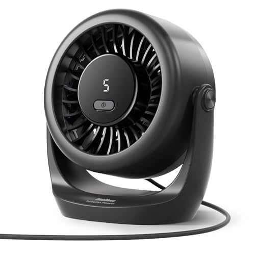 Diveblues USB Turbo Tischventilator, Ultra-Leiser Mini Ventilator, Leistungsstarker Wind, LED-Display, 5 Geschwindigkeiten, 360° drehbar, Tragbarer Ventilator für Zuhause, Büro & Outdoor – TurboBreeze