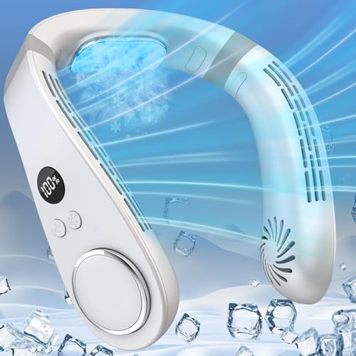 Hals Ventilator mit Kühlung, Rotorloser Nackenventilator USB C Akku,Tragbarer Halsventilatoren mit Klimaanlage, 5500mah Portable Neck Fan Cooler Geschenke für Frauen Männer Mädchen Junge Weiß