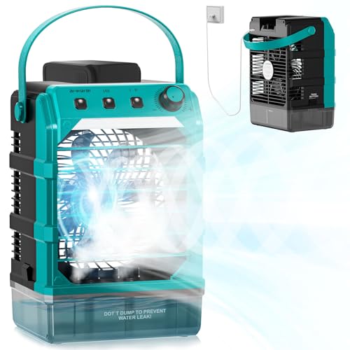 Ventilator mit Wasserkühlung Kompatibel für Makita 18V Akku und USB-betrieben?Luftkühler mobil mit Wasserkühlung,Ventilator mit Luftbefeuchter für Terrasse, Garage Urlaub Sport Büro Garten