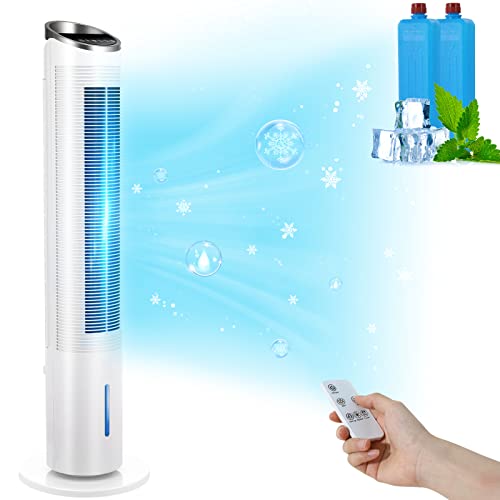 101CM Turmventilator mit Fernbedienung und Wasserkühlung, 52° Oszillation, 8 Stunden Timer Befeuchtung Reinigung, 4 in 1 mit Kühlung Befeuchtung Reinigung für Schlafzimmer, Wohnzimmer, Büro, Weiß